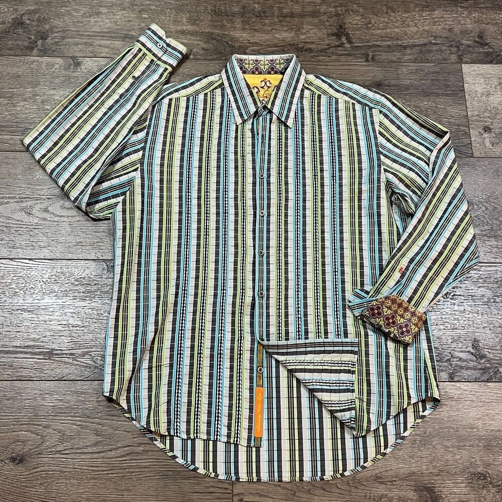 Robert Graham Blue Green Multicolor Stripe Long Sleeve Shirt - Men's Large